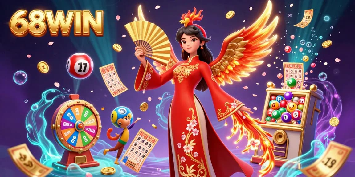 Engage with vibrant gaming excitement at 68WIN featuring a beautiful woman in ao dai and a phoenix amidst dynamic casino elements.