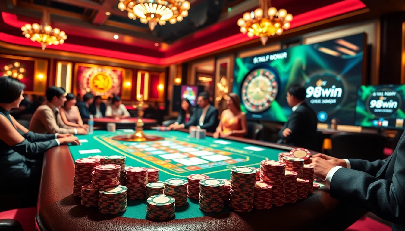 Experience thrilling poker gameplay at 98win with vibrant chips and intense atmosphere.