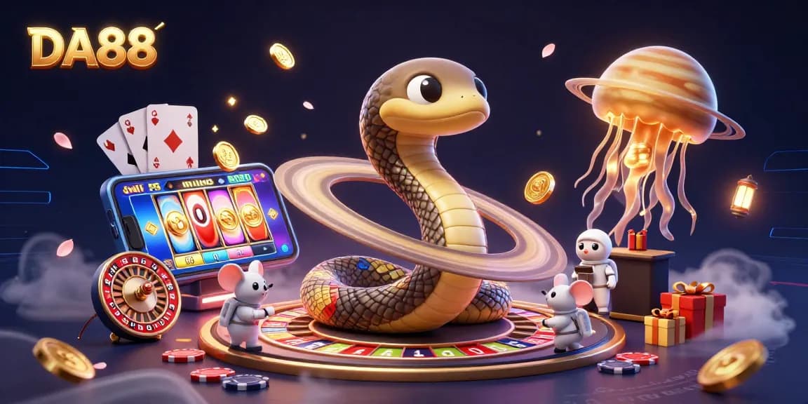 Engage with DA88's vibrant casino world featuring animated characters and exciting game elements.