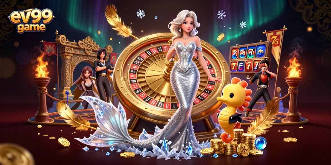 Experience the excitement of ev99 game with a glamorous woman by a roulette wheel.