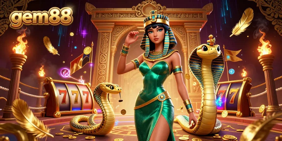 Experience thrilling slot action with gem88 featuring a stunning woman in emerald green with golden accents surrounded by dynamic casino elements.