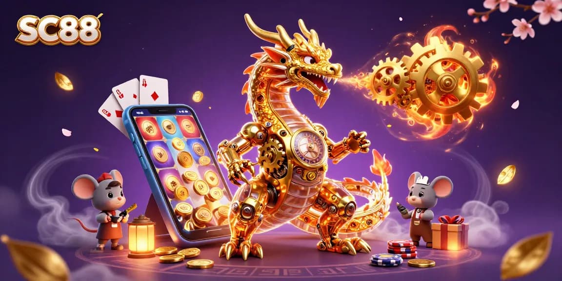 Engage in thrilling gameplay at SC88 with a golden dragon, exciting slot games, and vibrant casino elements.