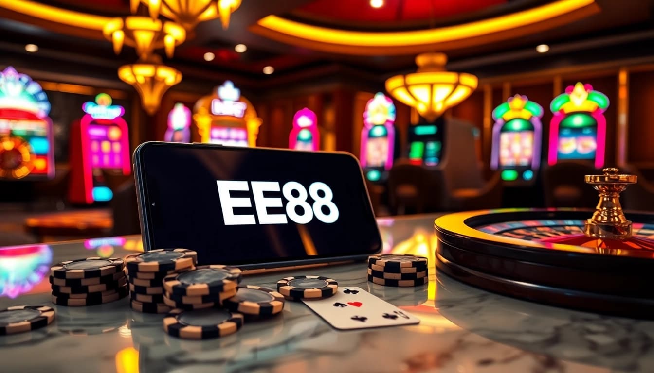 Experience the excitement of the EE88 app with vibrant casino visuals and gaming elements.
