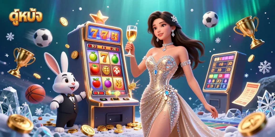 Experience ดูหนัง with a glamorous woman celebrating beside a jackpot slot, showcasing golden elements.