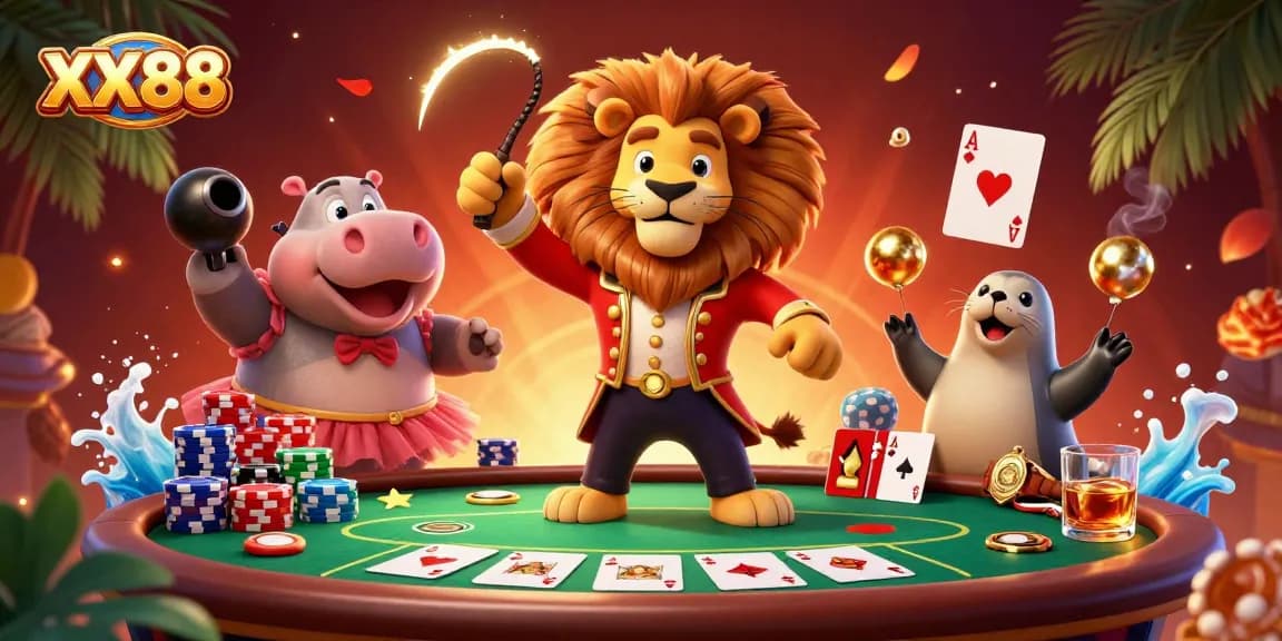 Engage with the vibrant world of XX88 as the circus ringmaster lion leads a lively casino scene filled with poker chips and cards.