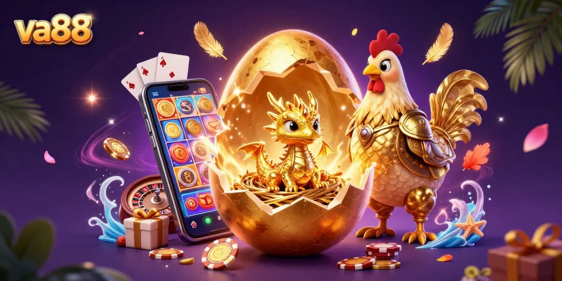Engage with va88's vibrant online casino graphics, featuring a golden dragon amidst poker chips.