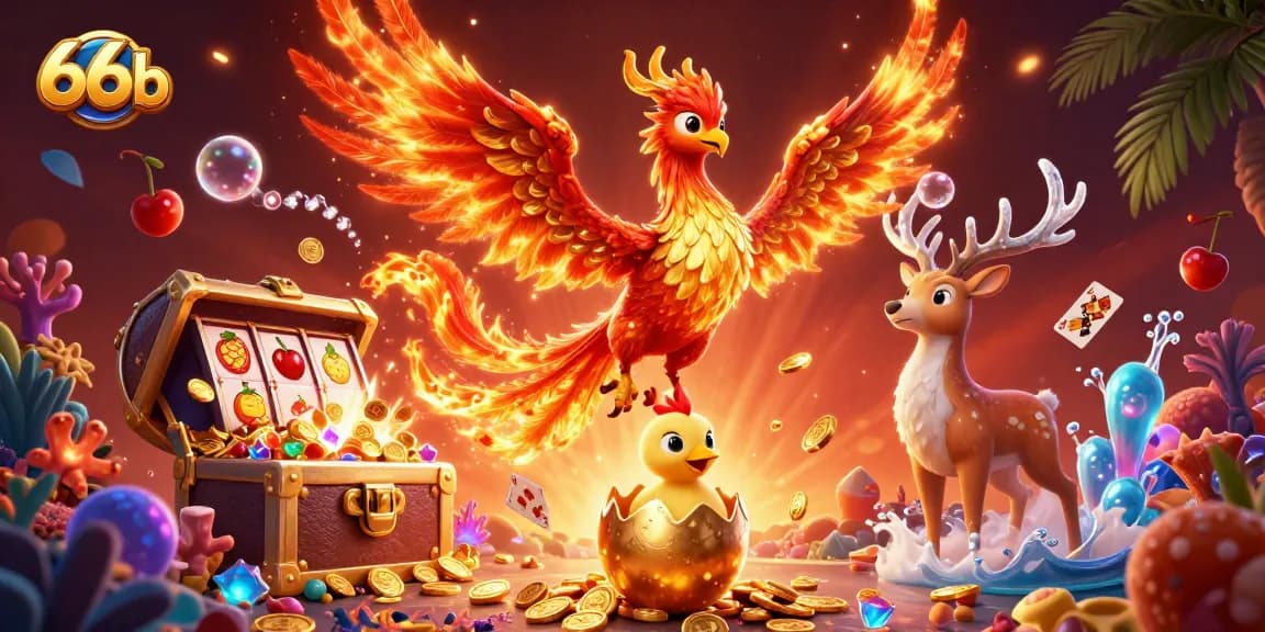 Experience the vibrant energy of 66b casino gaming with a phoenix, baby chick, and a mystical stag.