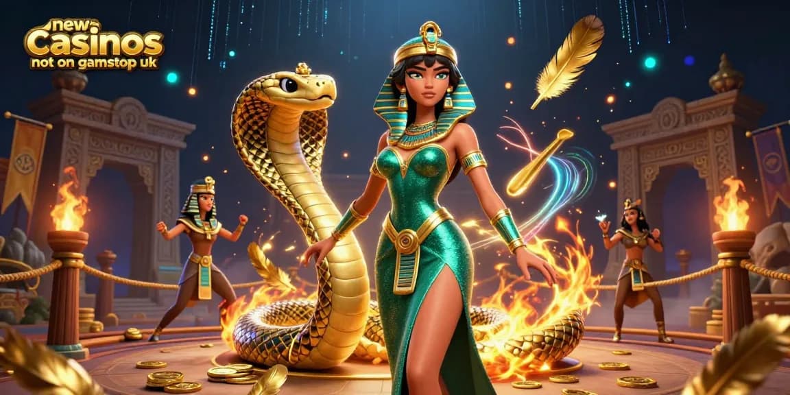 Engage with new casinos not on gamstop uk, featuring a glamorous woman and her golden cobra companion amidst dynamic casino elements.