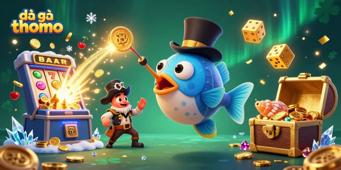 Engaging scene of đá gà thomo with casino elements featuring vibrant characters and gold coins.