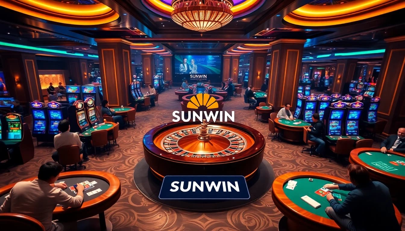 Players enjoying a winning moment at SUNWIN casino with roulette and slot machines.