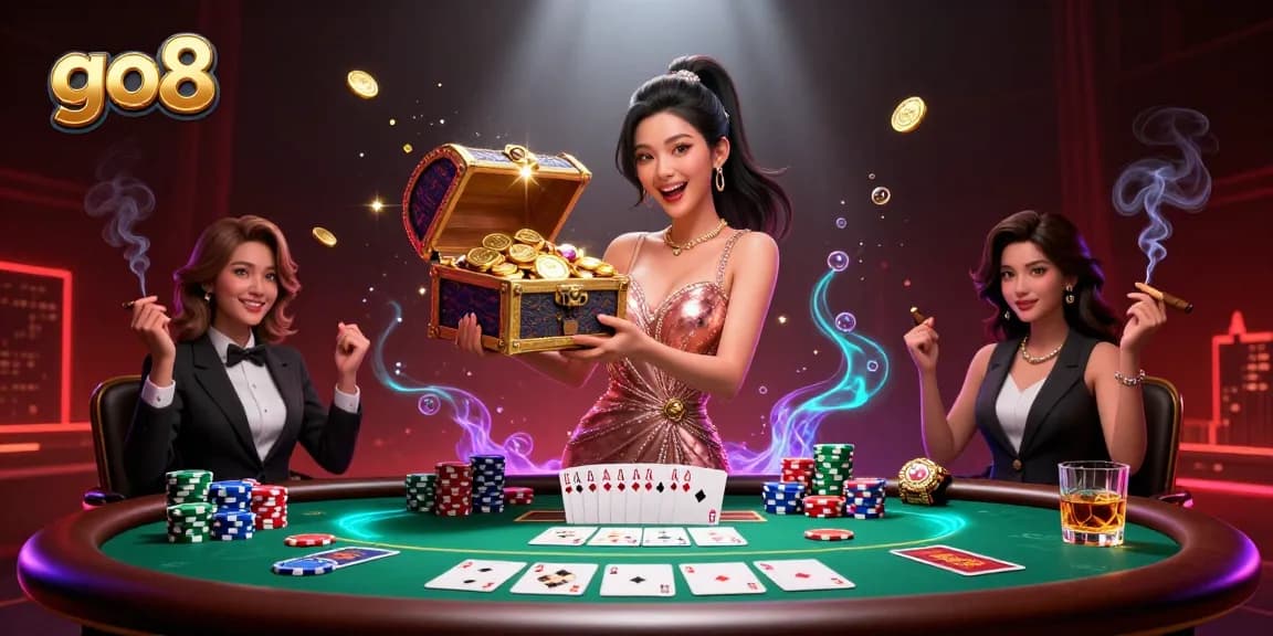 Experience gaming excitement at go8 with an Asian woman celebrating a treasure haul of coins and gems.