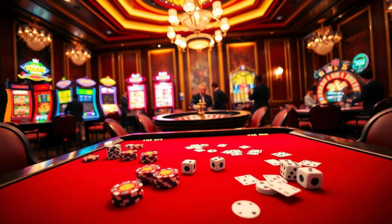 KK55 players celebrate victories at a vibrant casino table filled with chips and cards.