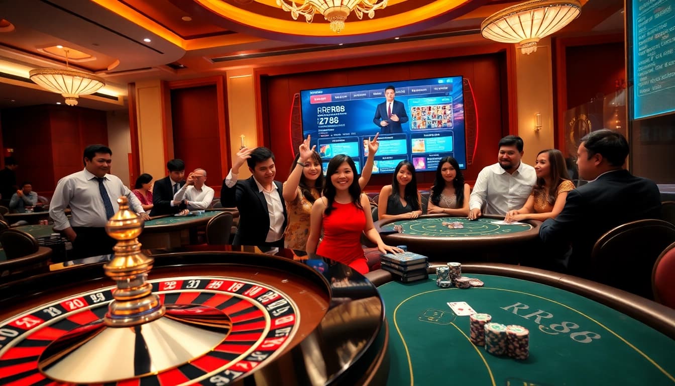RR88 gamblers enjoying a luxurious casino experience with roulette and poker tables.