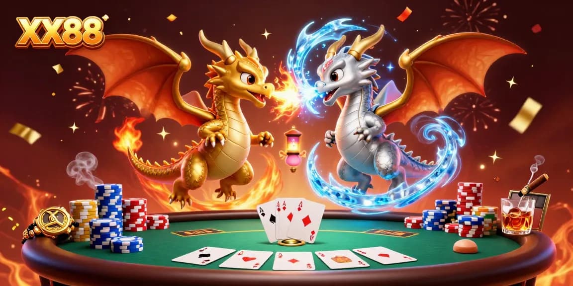 Experience the thrill of winning at XX88 with a captivating dragon-themed gaming battle illustration.