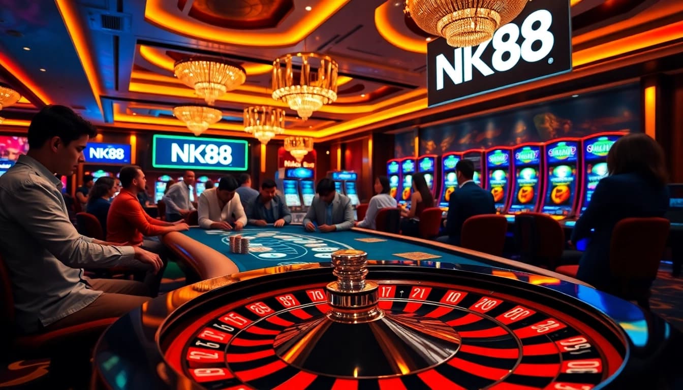 Players enjoying a vibrant casino experience showcasing NK88's gaming tables and machines.