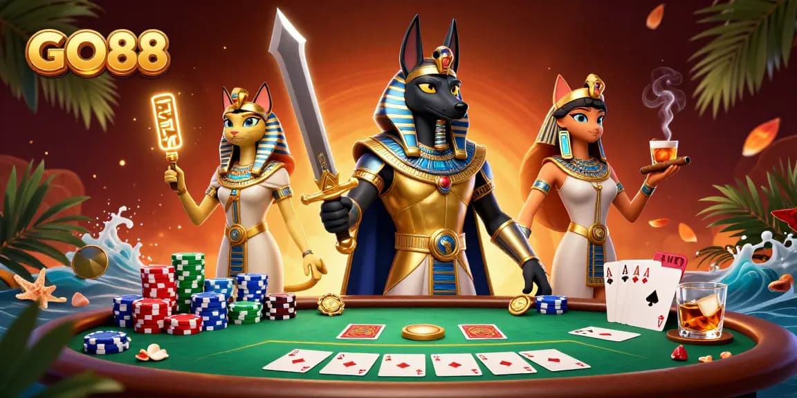 Engage in thrilling GO88 online gaming with Anubis and Bastet amidst dynamic poker elements.