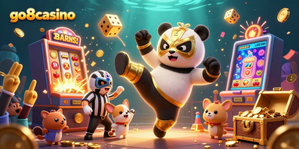 Experience thrilling action at go8casino with a wild panda wrestler and exciting casino elements.