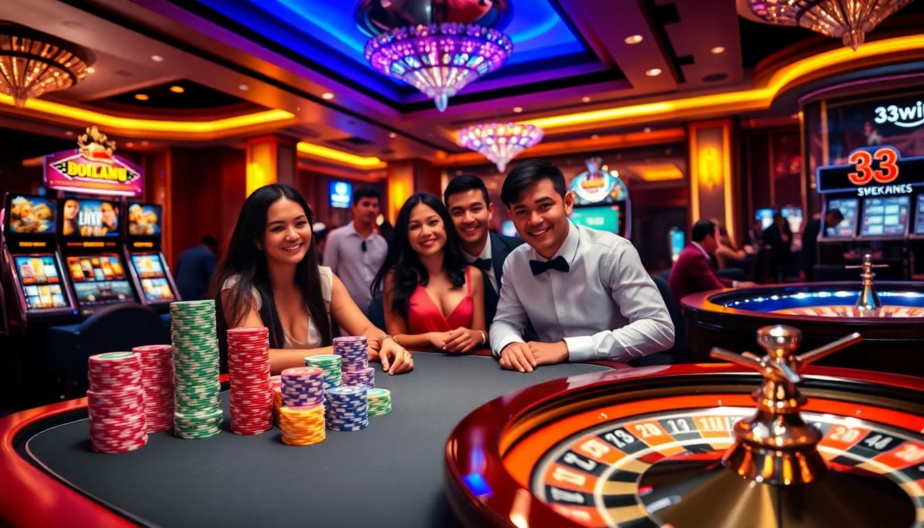 33win players engaging in high-stakes poker at a luxury casino table, showcasing excitement and strategy.