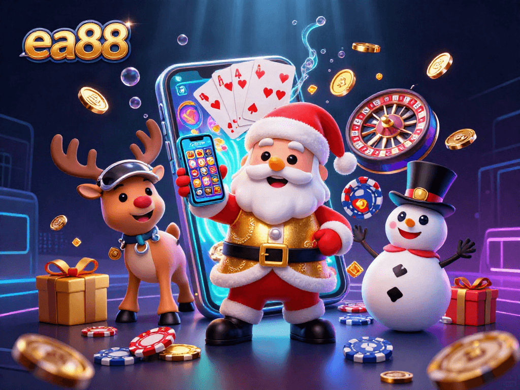 Spin to win with ea88's vibrant 3D casino scene featuring Santa, a reindeer dealer, and a poker chip snowman.
