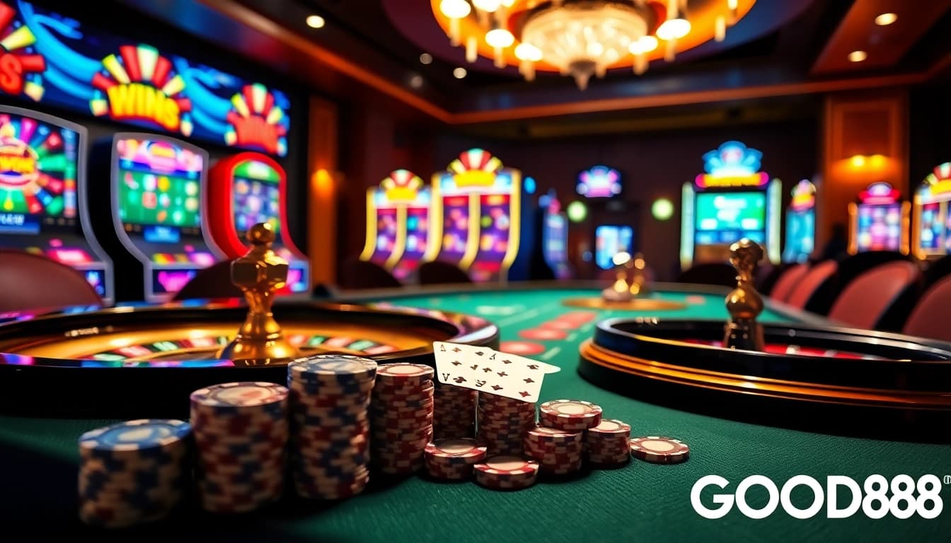 Experience the excitement of casino gaming at GOOD88, featuring vibrant slot machines and luxurious poker tables.