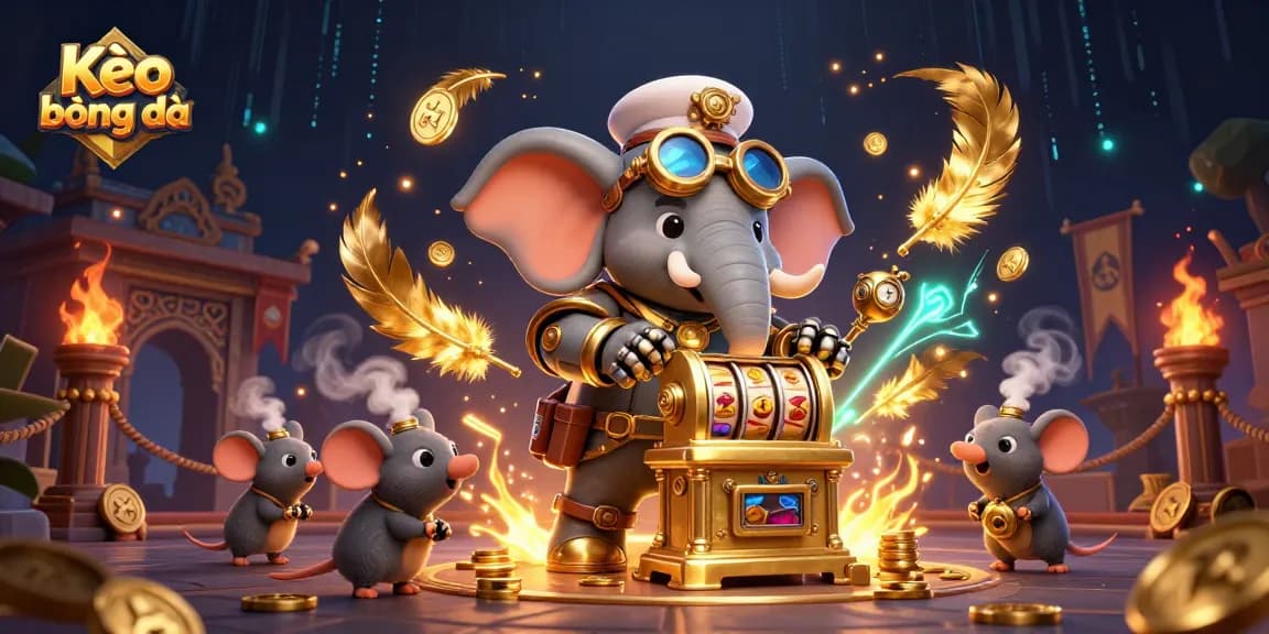 Kèo bóng đá showcases a whimsical steampunk elephant operating a slot machine with dynamic elements of casino excitement.