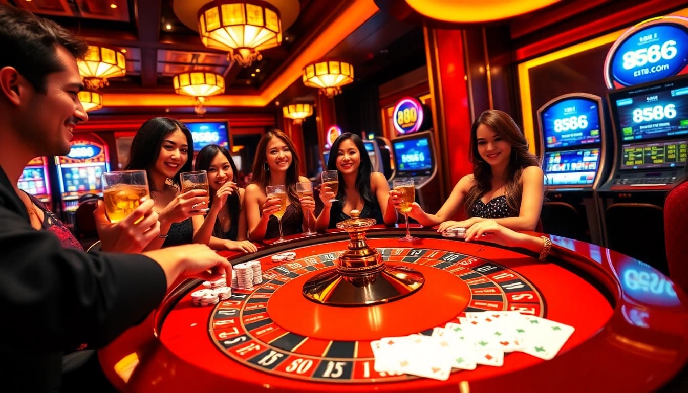 Experience the thrill of high stakes at 8s86.com with luxurious casino elements and vibrant players.