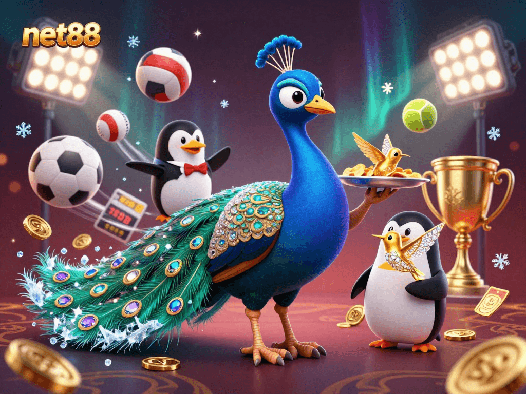Betting excitement with net88 featuring a vibrant peacock, a butler penguin, and a hummingbird.