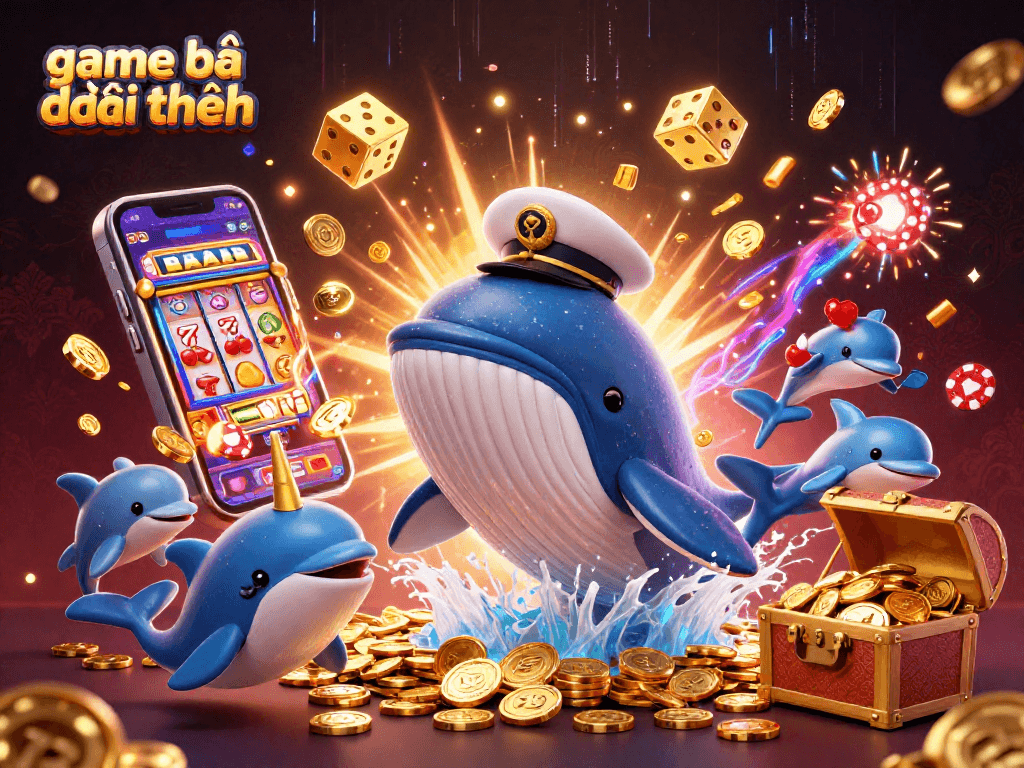 Engaging 3D illustration depicting game bài đổi thưởng with a playful whale and narwhal in a colorful casino scene.