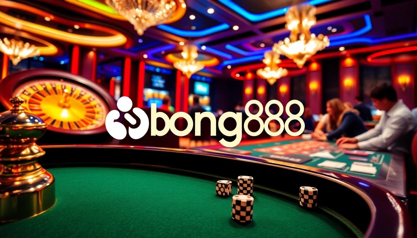 Bong88 players excitedly placing bets at a vibrant poker table in a luxurious casino setting.