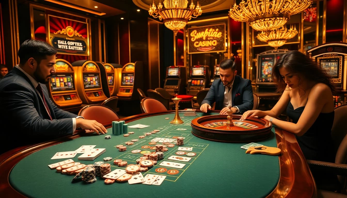 A vibrant casino scene showcasing high-stakes gaming at https://kjc.ac/ with poker chips and a roulette wheel.