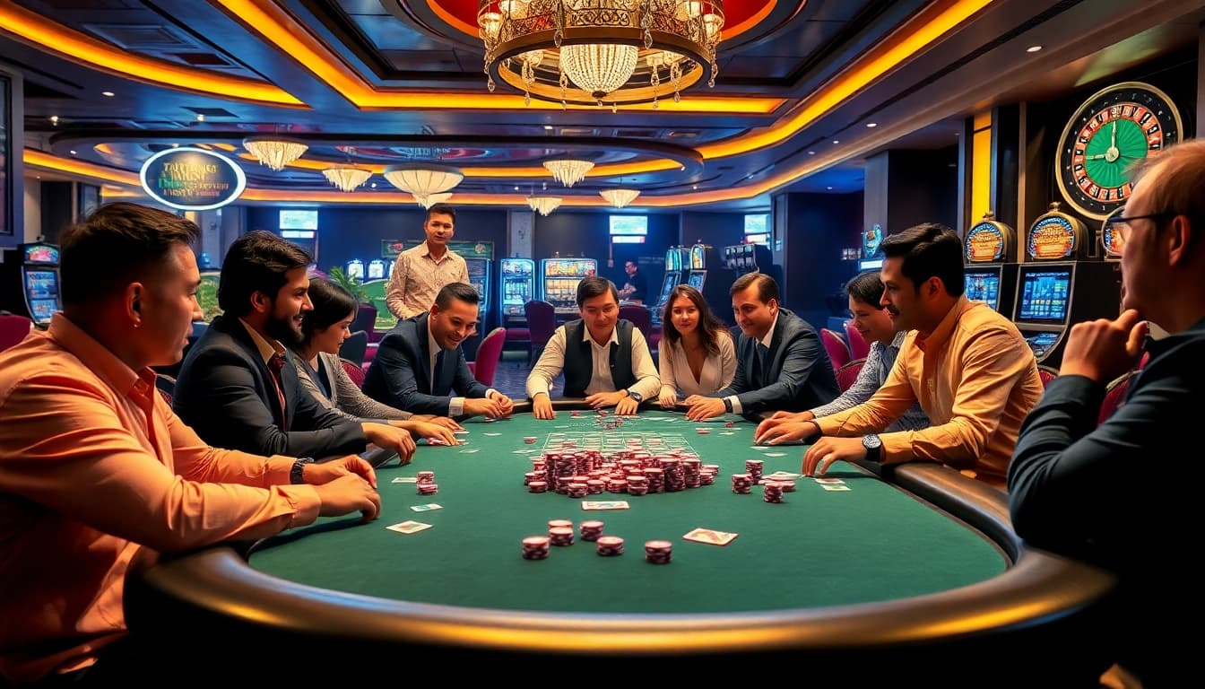 Engaged players at a KP 88 casino poker table showcasing strategy and excitement.