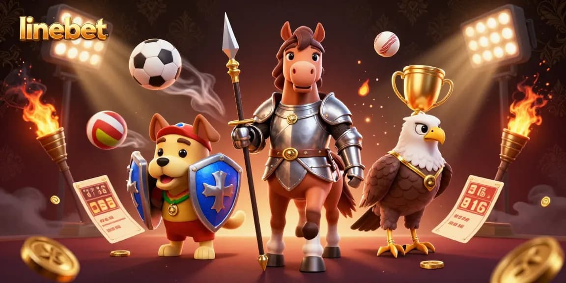Experience thrilling gaming action with linebet featuring a knight, puppy, and falcon amidst dynamic sports elements.