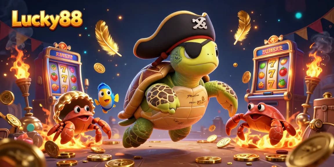 Engage with Lucky88: A thrilling scene featuring a pirate turtle and friends amidst slot reels, treasure, and gaming elements.