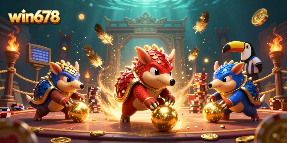 win678 pangolins bowling through poker chips in a colorful casino arena