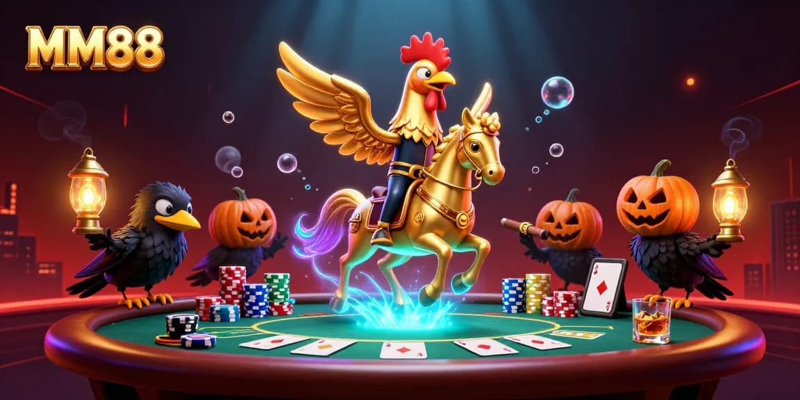 Experience the vibrant MM88 casino action with a golden rooster and poker elements in a 3D scene.