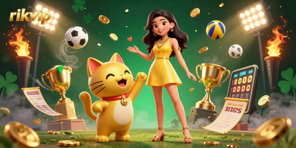 Experience thrill at rikvip with golden lucky cat and sports excitement in a vibrant casino scene.