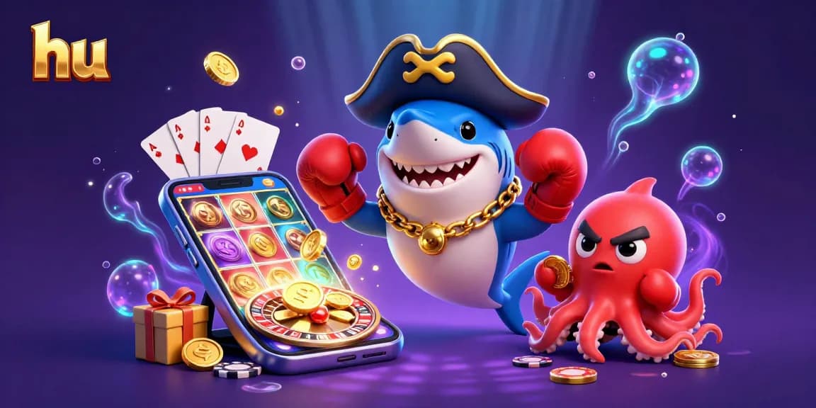 Spinning slot game reels illuminate the underwater scene with the vibrant characters "hu" participating in a thrilling casino adventure.