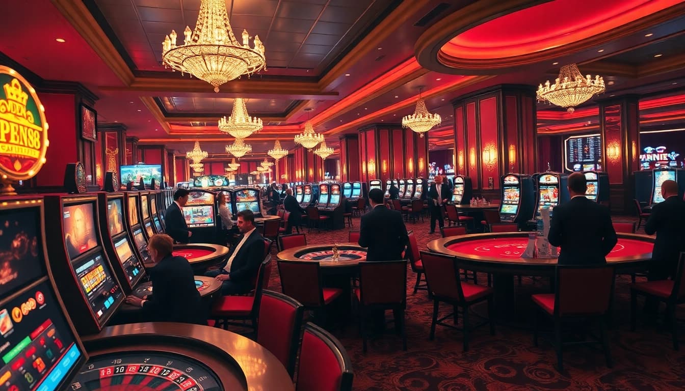 Experience the excitement of OPEN88 with thrilling casino gameplay at elegant poker tables and vibrant slot machines.