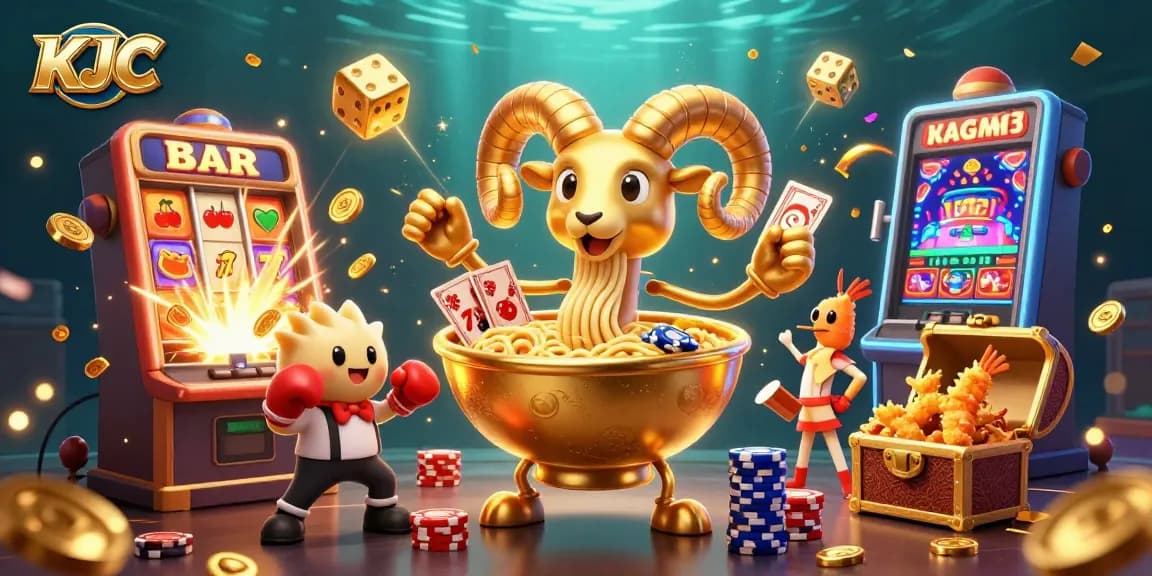 KJC casino characters celebrate winning with a vibrant slot machine burst and colorful prizes, showcasing excitement and engagement.