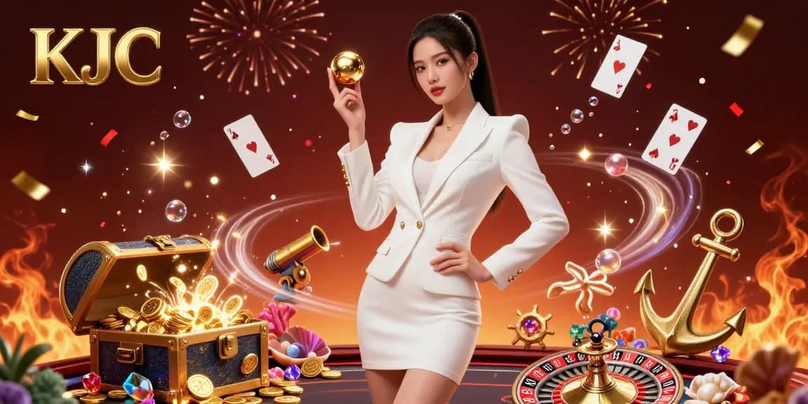 KJC casino promotions featuring a stylish Asian woman holding a roulette ball amidst gold and luxury elements.