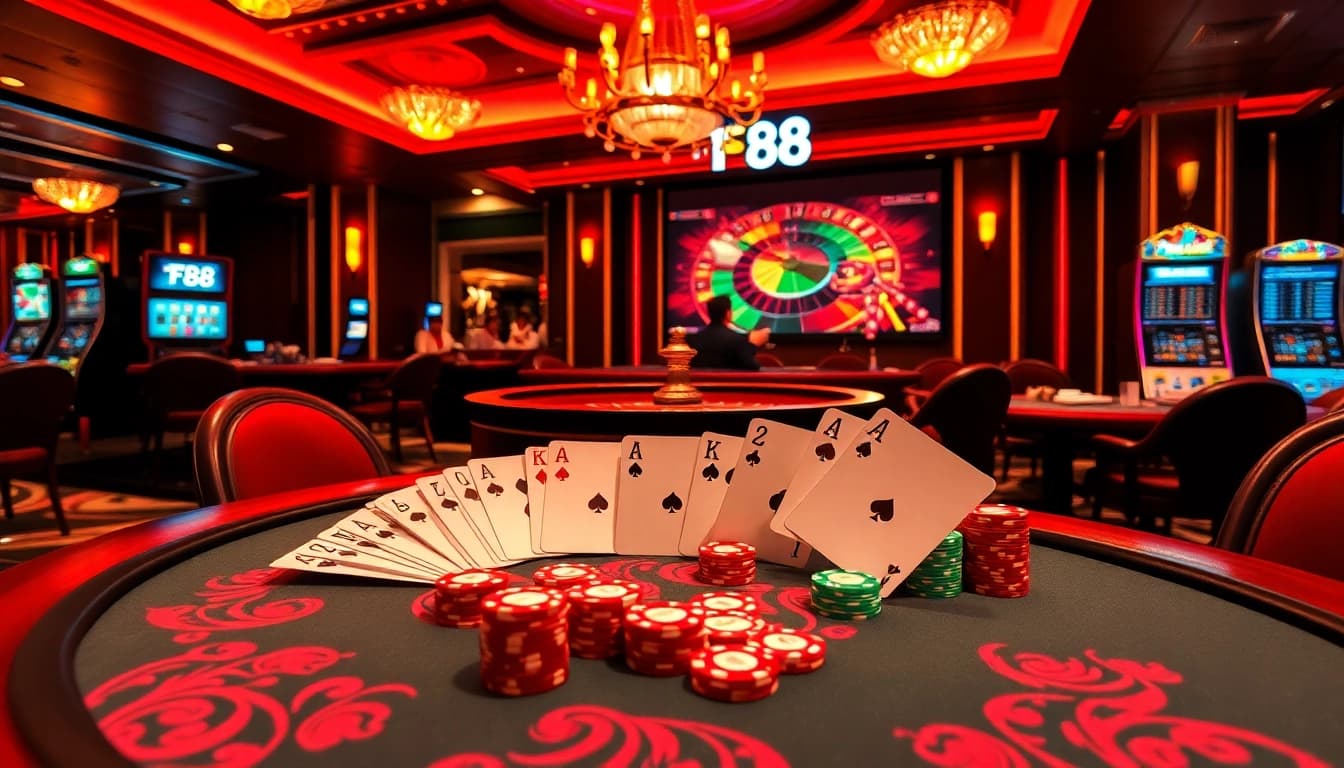Experience the excitement of FB88 at a luxurious poker table with vibrant chips and cards.