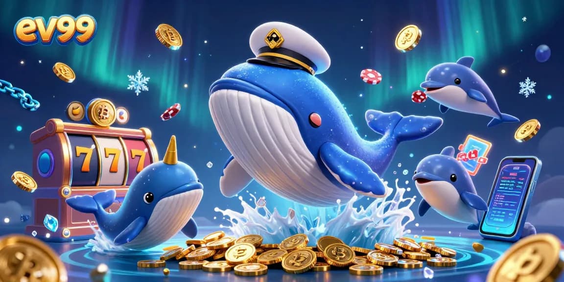 Play to win with ev99, illustrated by a cartoon whale breaching a sea of coins amidst casino excitement.