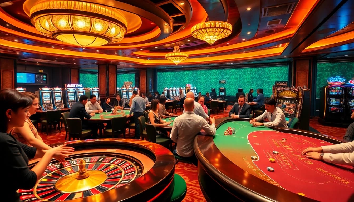Experience thrilling gaming action at Raja Luck casino with vibrant tables and engaged players.