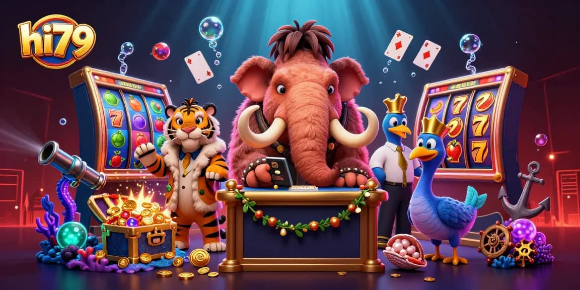 Experience excitement with hi79's dynamic casino scene featuring a woolly mammoth bouncer and vibrant game elements.
