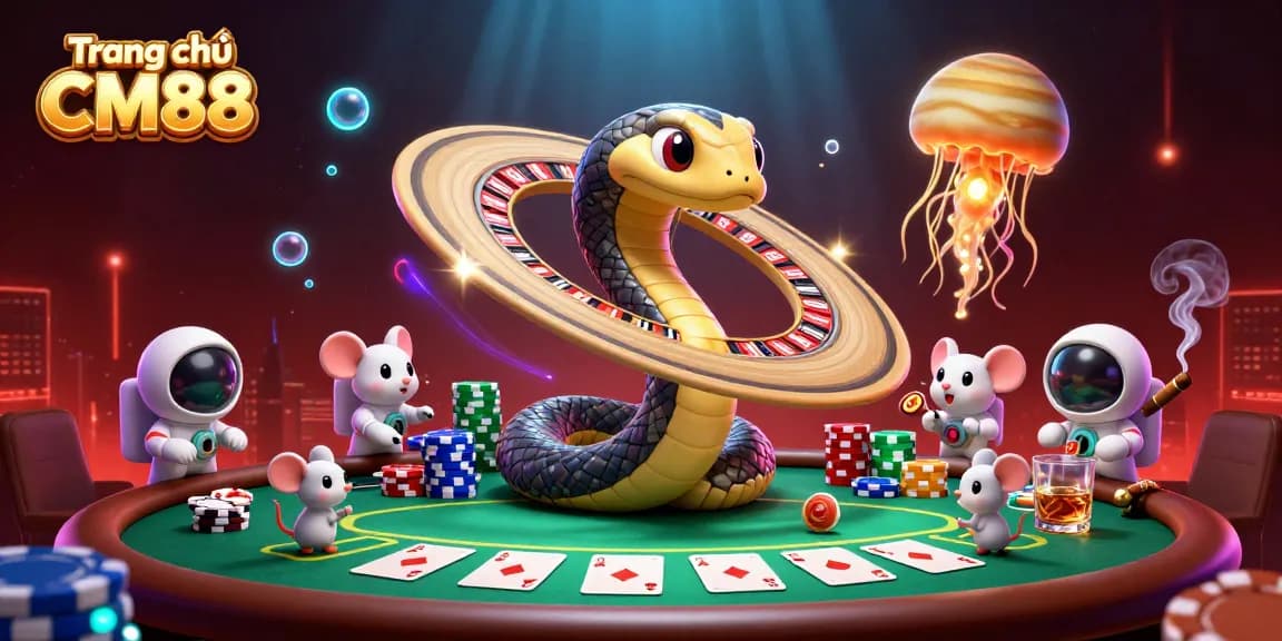 Engage with the immersive gaming world of Trang chủ CM88, featuring a cosmic roulette scene.