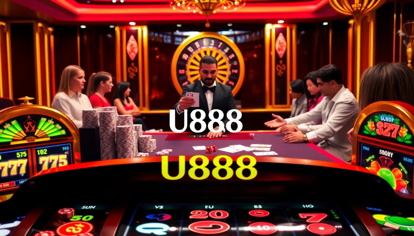 Exciting scene of gamers at U888 casino table with vibrant poker action and luxurious ambiance.