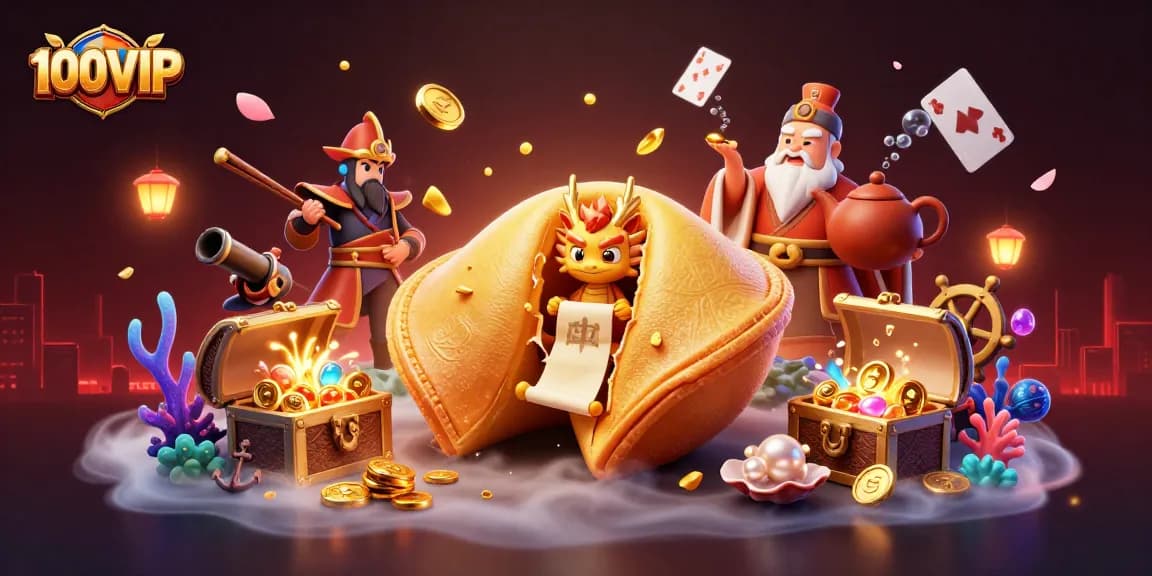 Engage with the exciting gaming experience at 100VIP, featuring a dynamic golden cookie scene of fortune and adventure.