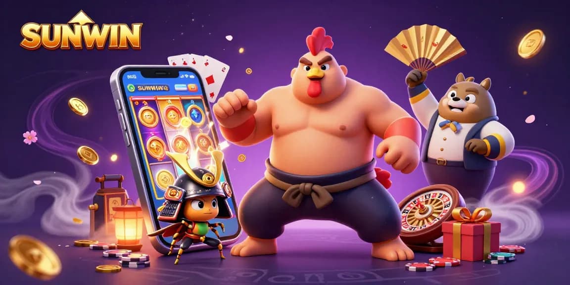 SUNWIN's thrilling gaming experience depicted with colorful slot games, vibrant characters, and festive visuals.