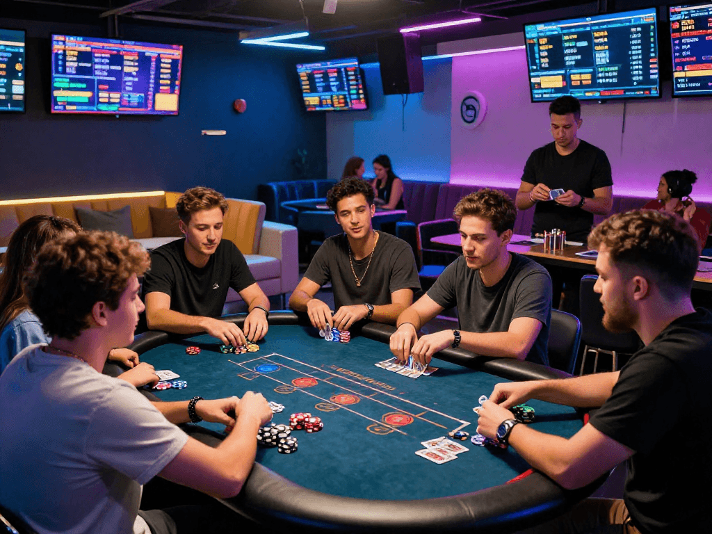 Exciting crypto casino gaming scene with players engaging around a modern poker table.