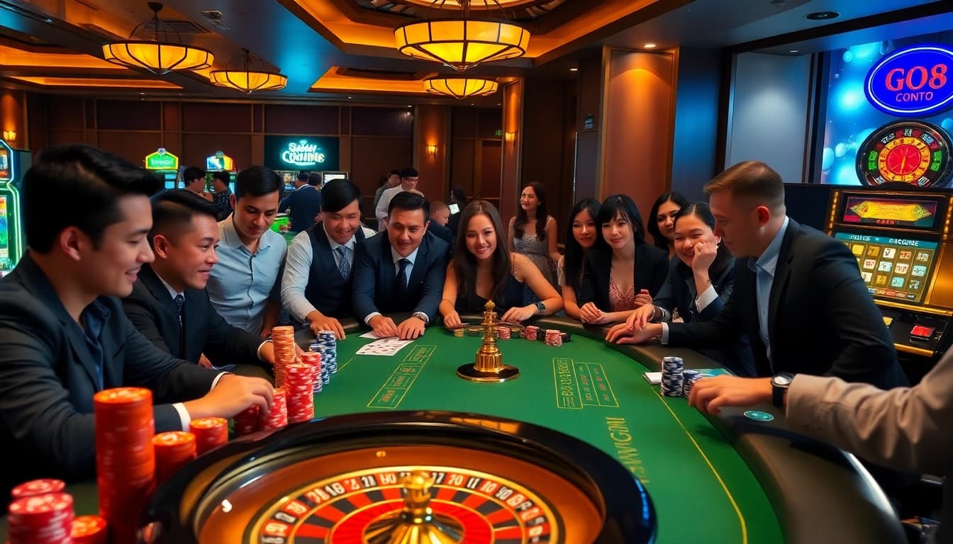 GO8 players engaging in a thrilling poker game at a glamorous casino table with vibrant chips.